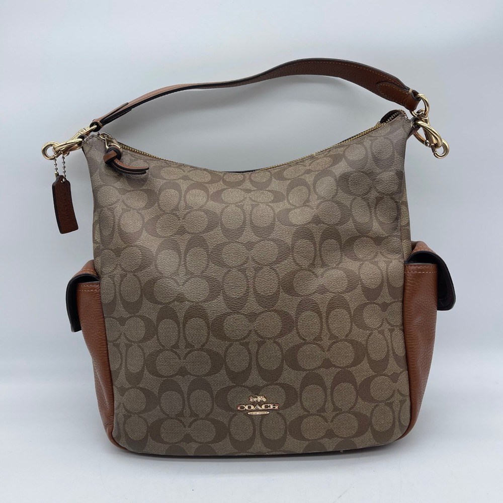 Coach Pennie Shoulder Bag C1523 Signature Canvas Leather Medium Hobo Purse Brown